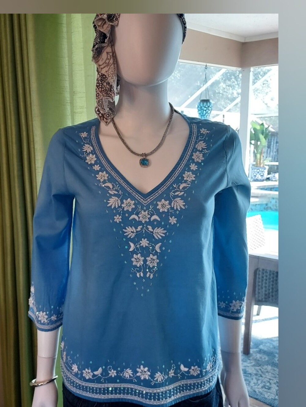 Embroidered All Cotton V-Neck Tunic Top in Sky Blue W White Beads & Sequins. S